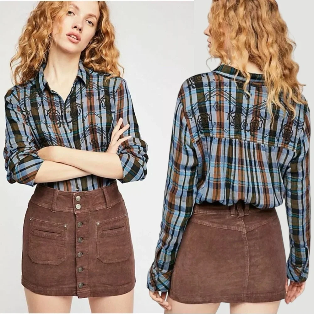 Free People Western Bohemian Muslin Embroidered Magical Plaid Shirt Small Fall